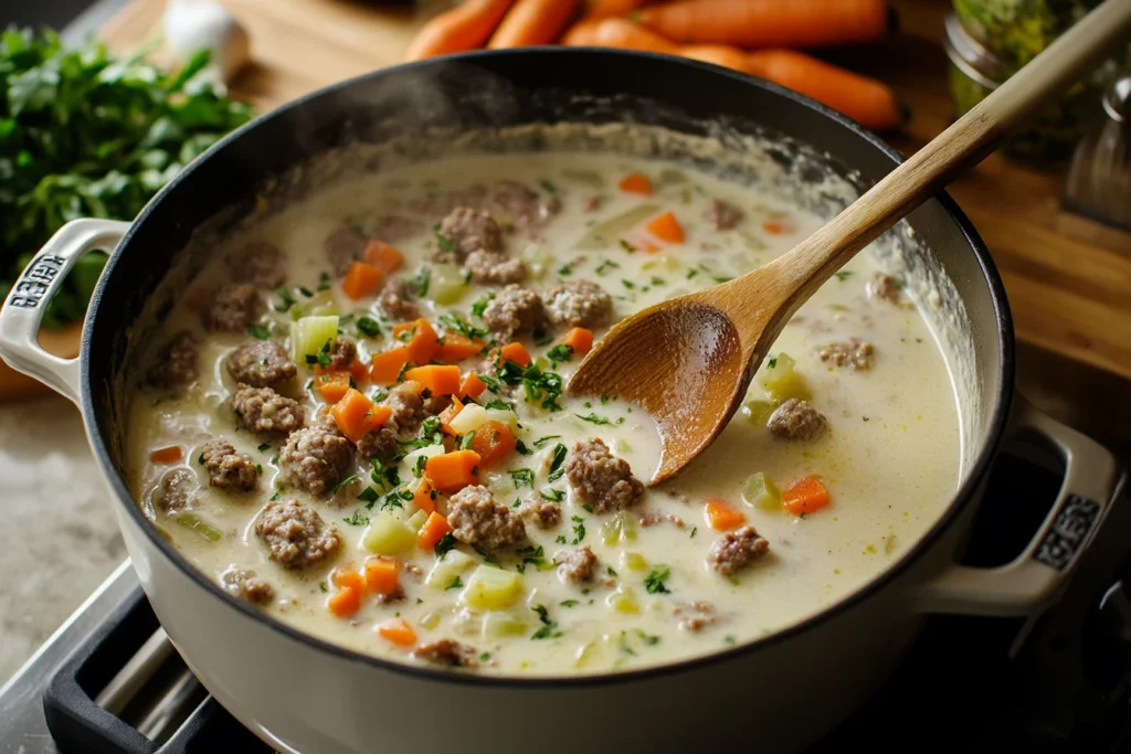 Step-by-step cooking process of creamy parmesan Italian sausage soup, showing browned Italian sausage and chopped vegetables in a pot.