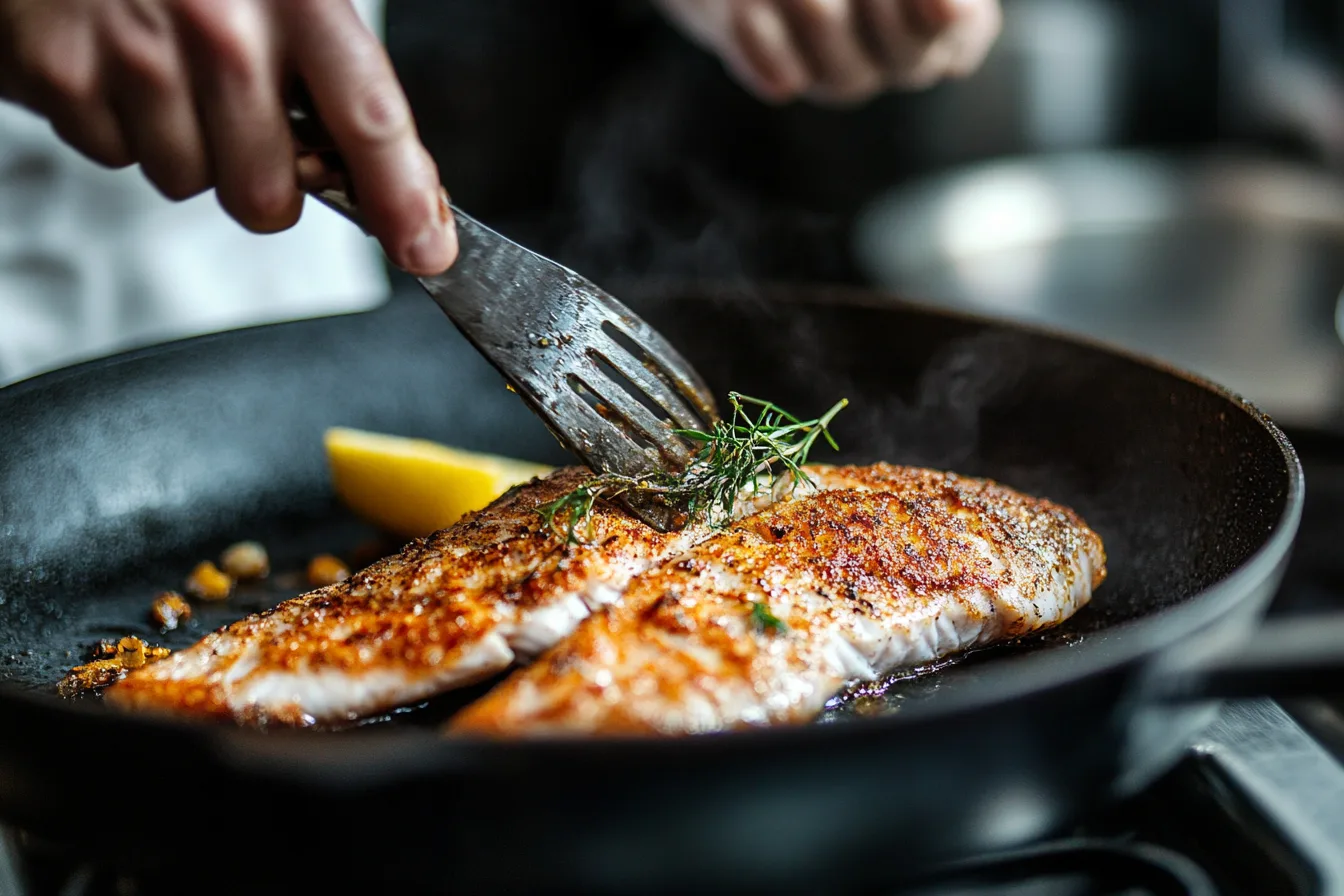 Plate of crispy, golden deep-fried fish garnished with lemon wedges and herbs, showcasing seasoned fish before frying.