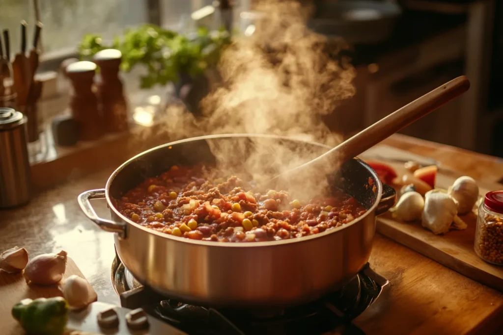 Onions and ground beef cooking together in a pot.