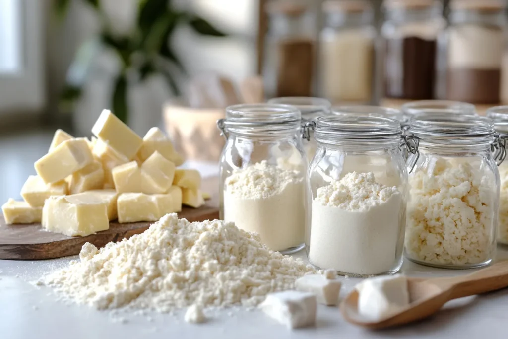 Various gluten-free flour blends, including rice flour, tapioca starch, and potato starch, arranged on a kitchen countertop with white chocolate pieces.
