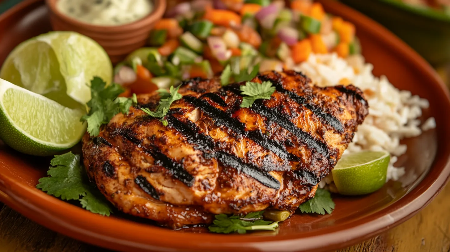 Grilled chicken marinated with Mexican spices, garnished with cilantro and lime wedges, on a plate with rice and vegetables.