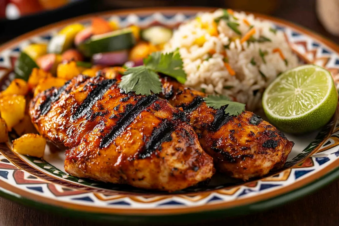 Grilled Mexican chicken with red pepper marinade served on a rustic plate with lime and cilantro garnish.