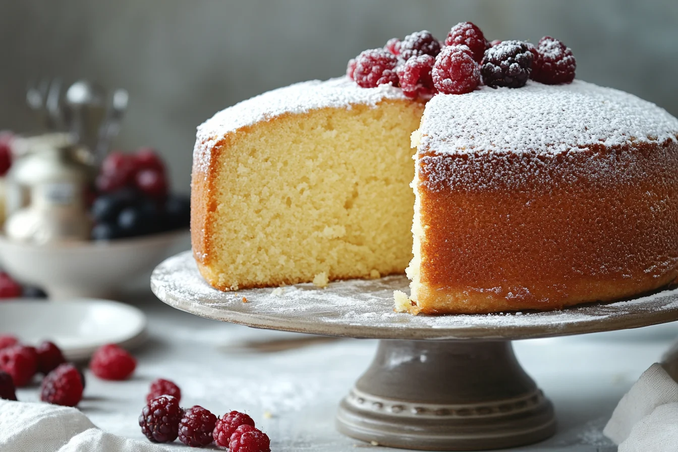 A beautifully baked, fluffy gluten-free cake on a cake stand, decorated with fresh berries and powdered sugar.