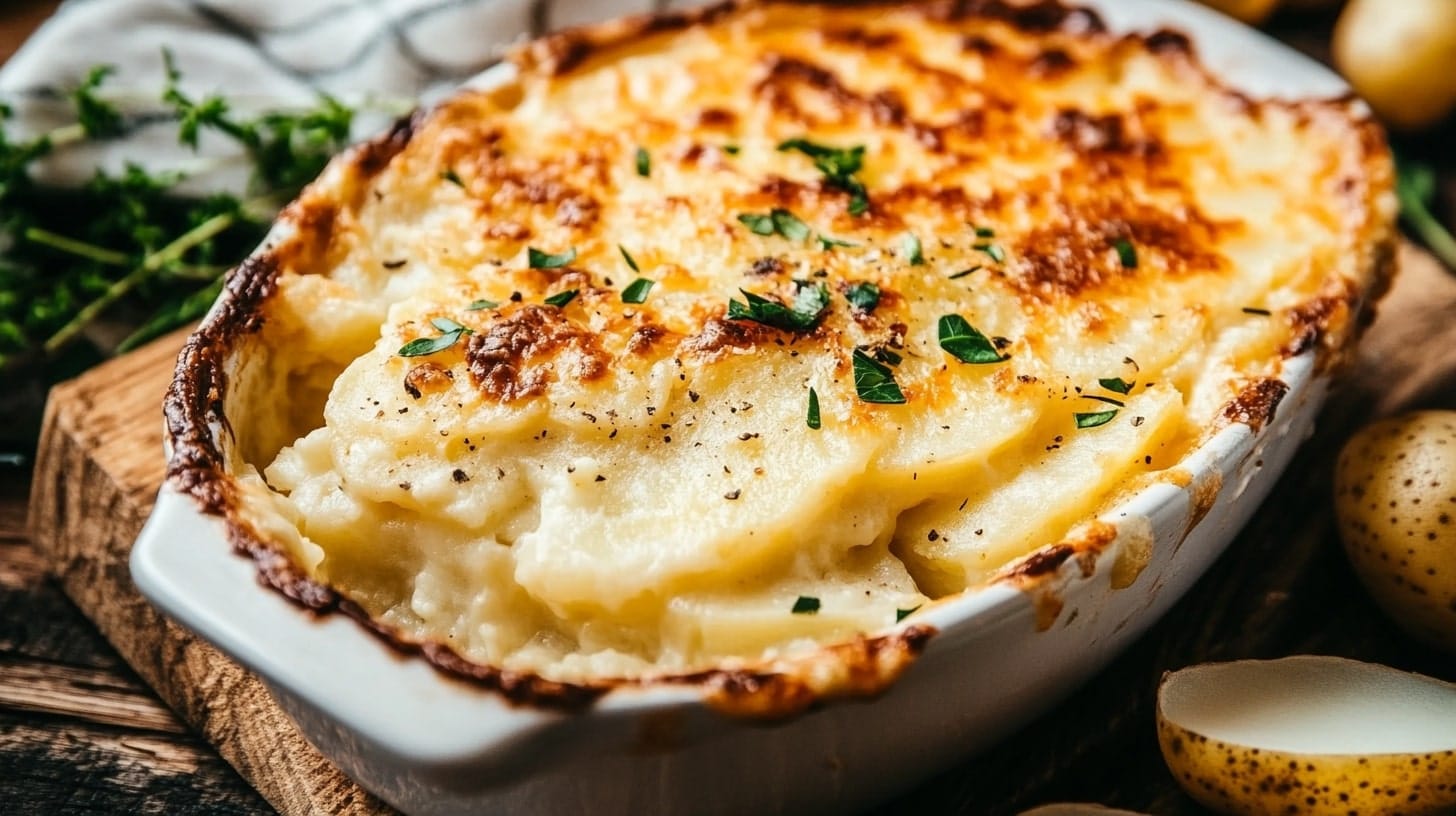 Scalloped potatoes vs au gratin potatoes comparison on a rustic table.