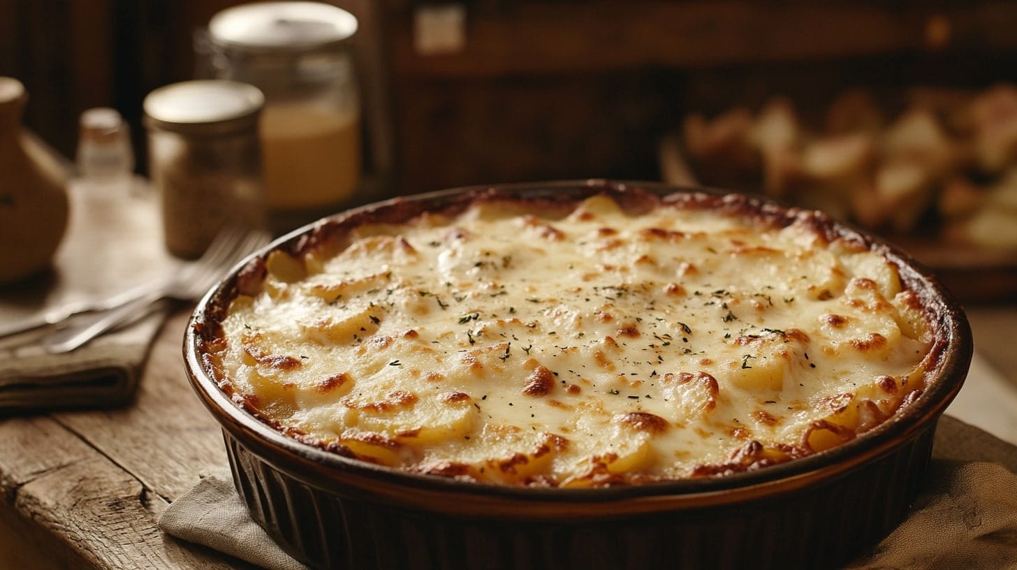 Golden-brown scalloped potatoes with cheese powder in a casserole dish.